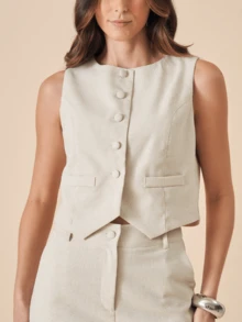 Linen Set With High Collar Vest And Pants With Lined Button Details - 米色 - 查看 2