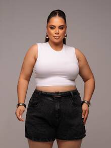 Women's Plus Size Marbled Dark Jeans Shorts 100% Cotton High Waist Comes With Belt