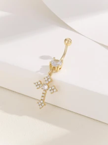 1 pieza Piercing para el ombligo con cruz enchapada en oro y engarzada con circonita, antialérgico