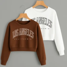 Kit Cropped Moletom (2 Peças) Estampa Los Angeles Agasalho Feminino Blusa de Frio Curtinha Inverno - Branco e Fúcsia - Visão 3