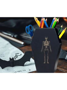 哥特式棺材笔筒 - 万圣节桌面收纳盒，用于存放钢笔、铅笔和化妆刷，办公室怪异骷髅装饰，巫术美学和黑暗学院风家居饰品，秋季装饰 - 彩色 - 查看 6