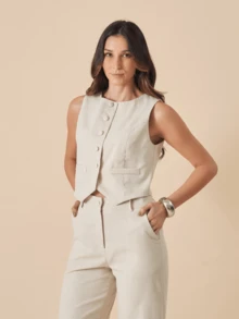 Linen Set With High Collar Vest And Pants With Lined Button Details - 米色 - 查看 3