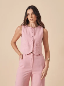 Linen Set With High Collar Vest And Pants With Lined Button Details - Rusty Rose - View 2