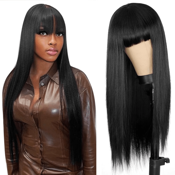 Straight Wigs With Bangs Human Hair Wigs For Black Women None Lace Front Wigs 180% Density Brazilian Virgin Hair Glueless Machine Made Wig Natural Color(20 Inch, Straight)