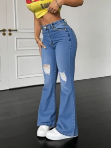 Pantalones pitillo acampanados rotos - Azul - Ver 3