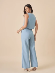 Linen Set With High Collar Vest And Pants With Lined Button Details - 淺藍色 - 查看 4