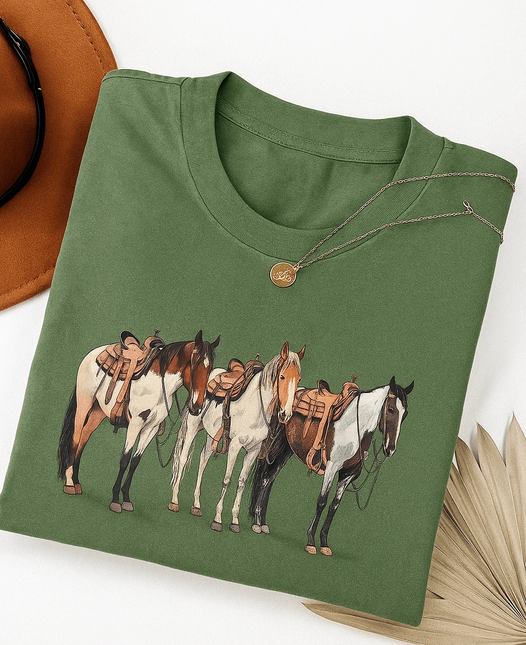 Western Horse Trio T-Shirt For Women, Country, New Release - màu xanh lá - Xem 1