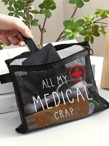 Sac en maille pour médicaments "ALL MY MEDICAL CRAP" - Sac de maquillage en nylon noir avec lettrage blanc, organisateur de maquillage et de soins de la peau. Sac de rangement portable pour le voyage et la salle de bain pour les huiles pour les lèvres, les bijoux et les produits médicaux essentiels. Un indispensable pour la rentrée scolaire.