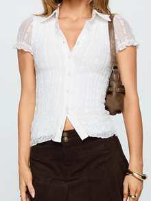 Womens Lace Shirts Fashionable Solid Color Lapel V Neck Short Sleeve Slim Fit Tops Casual Daily - White - View 1