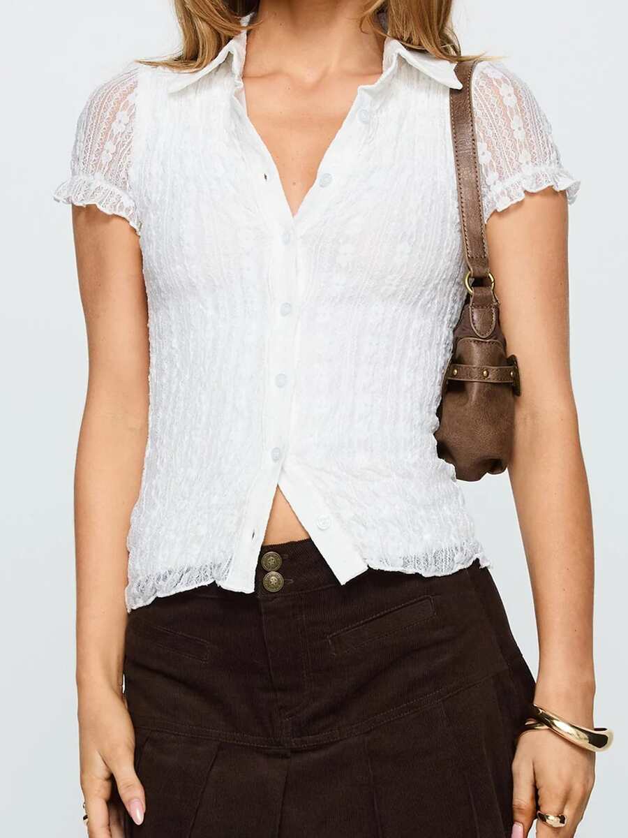 Womens Lace Shirts Fashionable Solid Color Lapel V Neck Short Sleeve Slim Fit Tops Casual Daily - White - View 1
