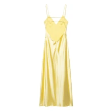DEEKA New Sexy V-Neck Satin Backless Slip Dress, Elegant Party/Event Lingerie-Style Holiday Gown - Yellow - View 10