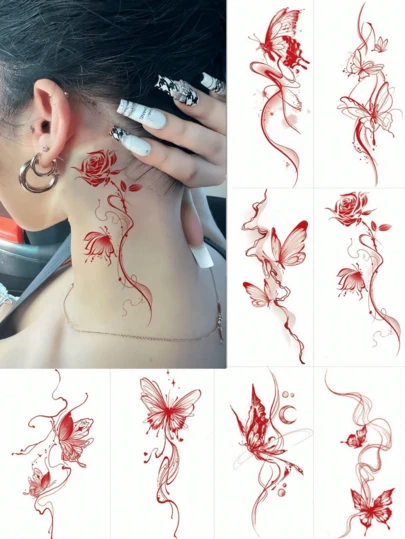 8 Sheets Butterfly Temporary Tattoos For Men And Women, Waterproof Sweatproof Long-Lasting Realistic Fake Tattoo Stickers For Arm, Leg, Back, Waist, Non-Reflective Modern Body Art, Oblong Shape