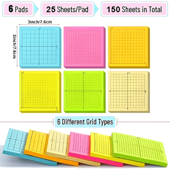 6Pcs Graph Paper Sticky Notes, 3x3 Inches, Bright Colors, Math Graph Paper, Coordinate Axis Notebook, Grid Sticky Notes, Grid Notepad,For School Supplies,Back To School