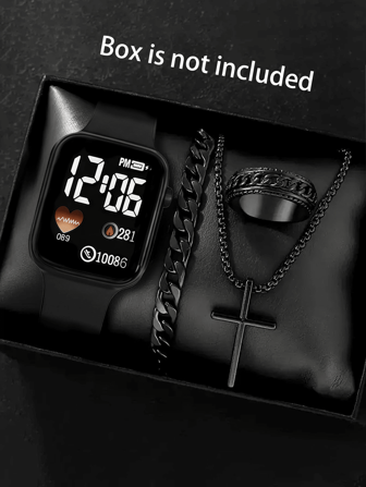 1pc Men's Square Digital Sports Digital Watch And 3pcs Bracelet Necklace Ring, The Best Gift For Halloween