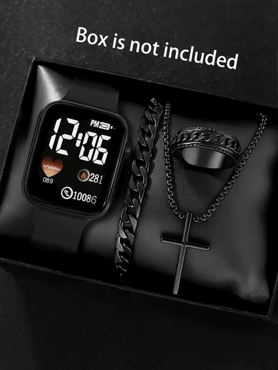1 pieza Reloj deportivo cuadrado digital para hombre y 3 piezas Brazalete Collar Anillo, el mejor regalo para Halloween