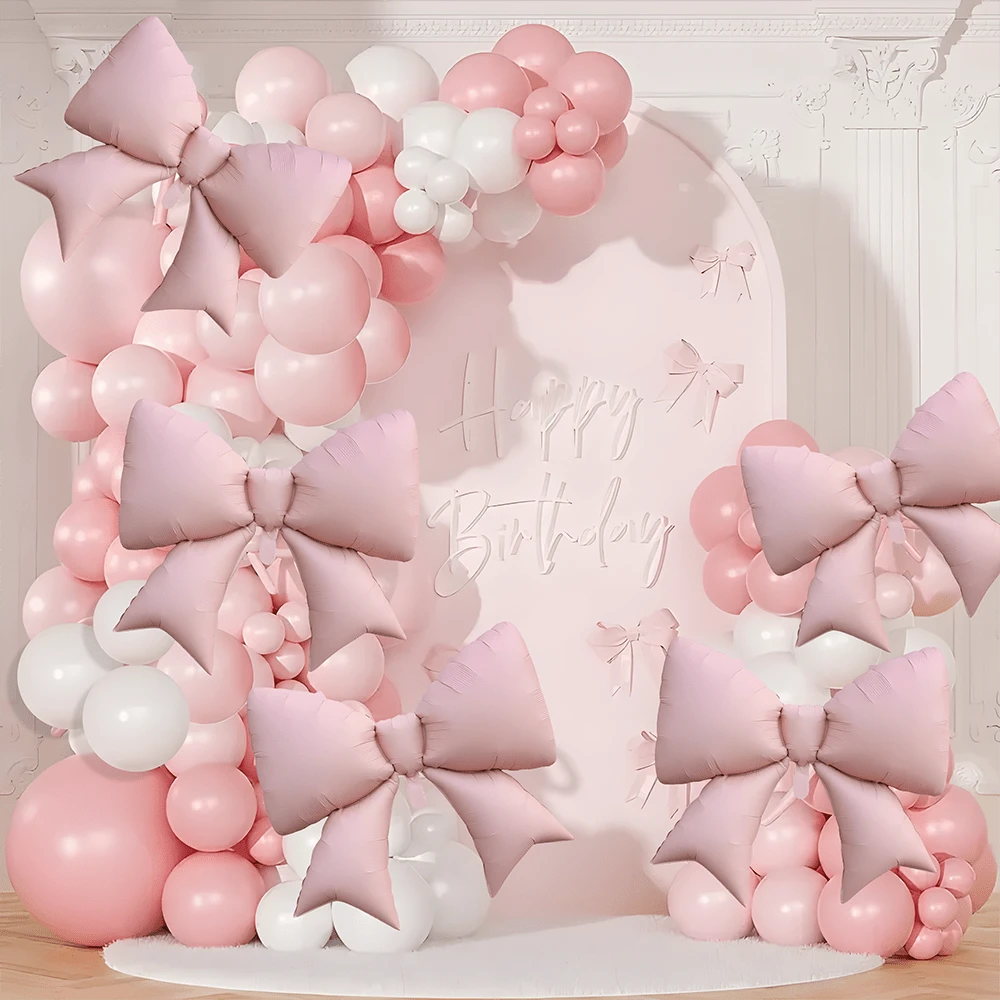 2 peças Balões em formato de laço rosa com laço rosa claro fosco de alumínio, usados para decoração de laço, aniversários, Dia dos Namorados, festas de aniversário em família, casamentos, suprimentos de decoração de fotos, decoração de festa de aniversário de princesa