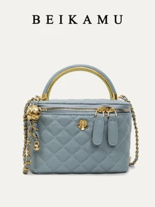 1 pieza Bolso tipo caja con diseño minimalista y patrón romboidal de BEIKAMU, nueva y elegante bolsa de maquillaje y monedero con cadena para el hombro y cruzada