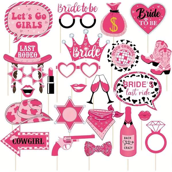 24pcs/Set Single Party Western Cowgirl "Let's Go Party" Themed Photo Booth Props, Festival Party Decorations, Wild West Disco Party Gifts, Suitable For Western Wedding, Wild West Cowgirl Birthday Party, The Last Disco Bachelorette Party