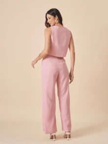 Linen Set With High Collar Vest And Pants With Lined Button Details - Rusty Rose - View 4