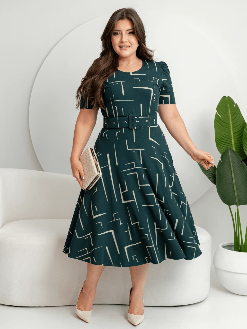 GODÊ MIDI DRESS WITH FULL SKIRT WITH BELT AND GEOMETRIC PRINT - màu xanh lá - Xem 1