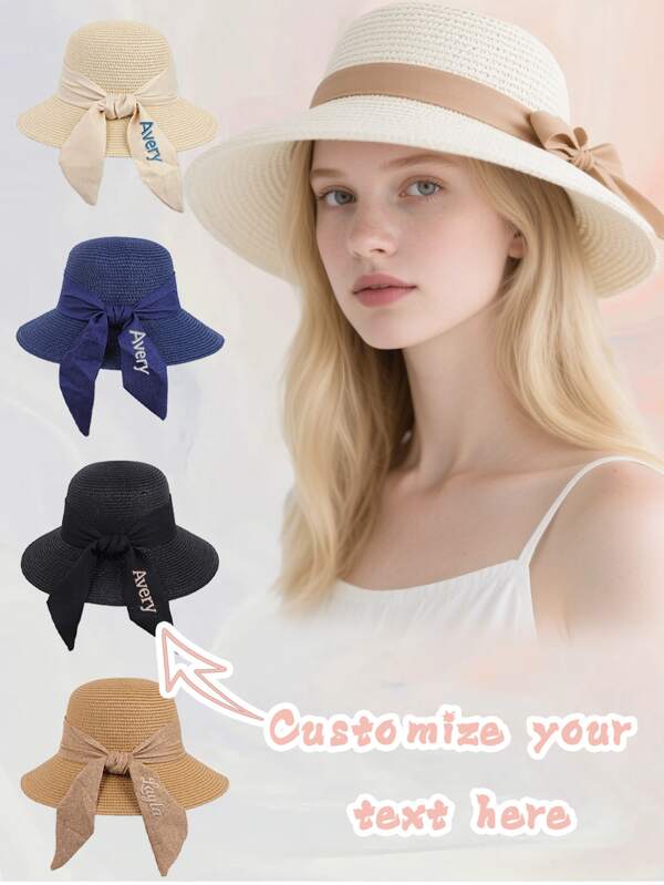 1pc Customizable Logo Summer Fashion Versatile Straw Hat, Outdoor Beach Sun Protection Hat, Countryside Style Sun-Shading Bucket Hat With Butterfly Ribbon, Sweet Lace Sun Hat For Beach Vacation