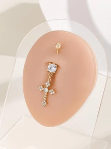 1 pieza Piercing para el ombligo con cruz enchapada en oro y engarzada con circonita, antialérgico