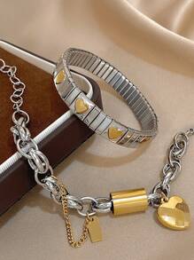 Juego de pulseras elásticas con colgante de acero inoxidable chapado en oro de 18K con diseño de amor y candado para mujeres y niñas, regalo para mamá, Navidad, Acción de Gracias, Halloween, boda, fiesta, diario, playa, aniversario, San Valentín, cumpleaños, dama de honor