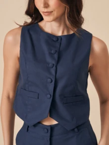Linen Set With High Collar Vest And Pants With Lined Button Details - 藏蓝色 - 查看 3