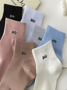 1/7 Pairs Women Candy Color Letter Print Ankle Short Socks, Fashion Casual Versatile For Everyday Wear