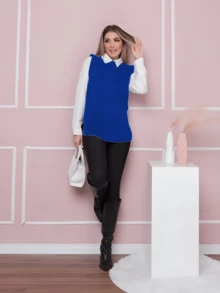 Long Knitted Vest Round Neck Casual Formal Autumn Winter - Royal Blue - View 3
