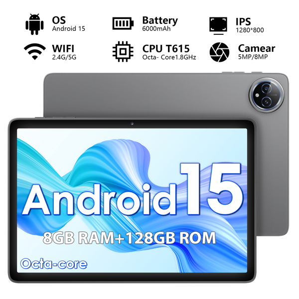 Qetupa Ordinateur tablette de 10,1 pouces, équipé du système Android 15, 8 Go de RAM + 128 Go, écran tactile IPS, caméra avant de 5 millions de pixels + caméra arrière de 8 millions de pixels