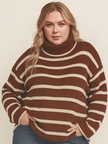 Marrie Tricot Striped Turtleneck Knit Blouse Cold Winter Elegant - 陶/米色 - 查看 1