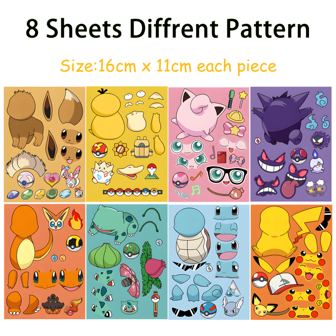pokemon 8-delige stickerset, maak je eigen schattige stickers met tekenfilmthema, voor feestbenodigdheden, verjaardagscadeaus, knutselspullen, speelgoed, Pikachu, doe-het-zelf stickers