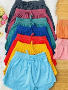 Kit With 4 Women's Shorts Ribbed Knit Short High Waist Shorts With Elastic For Gym Beach Spring Summer Fitness Fashion M G And GG - 藍/紅/綠/黑 - 查看 1