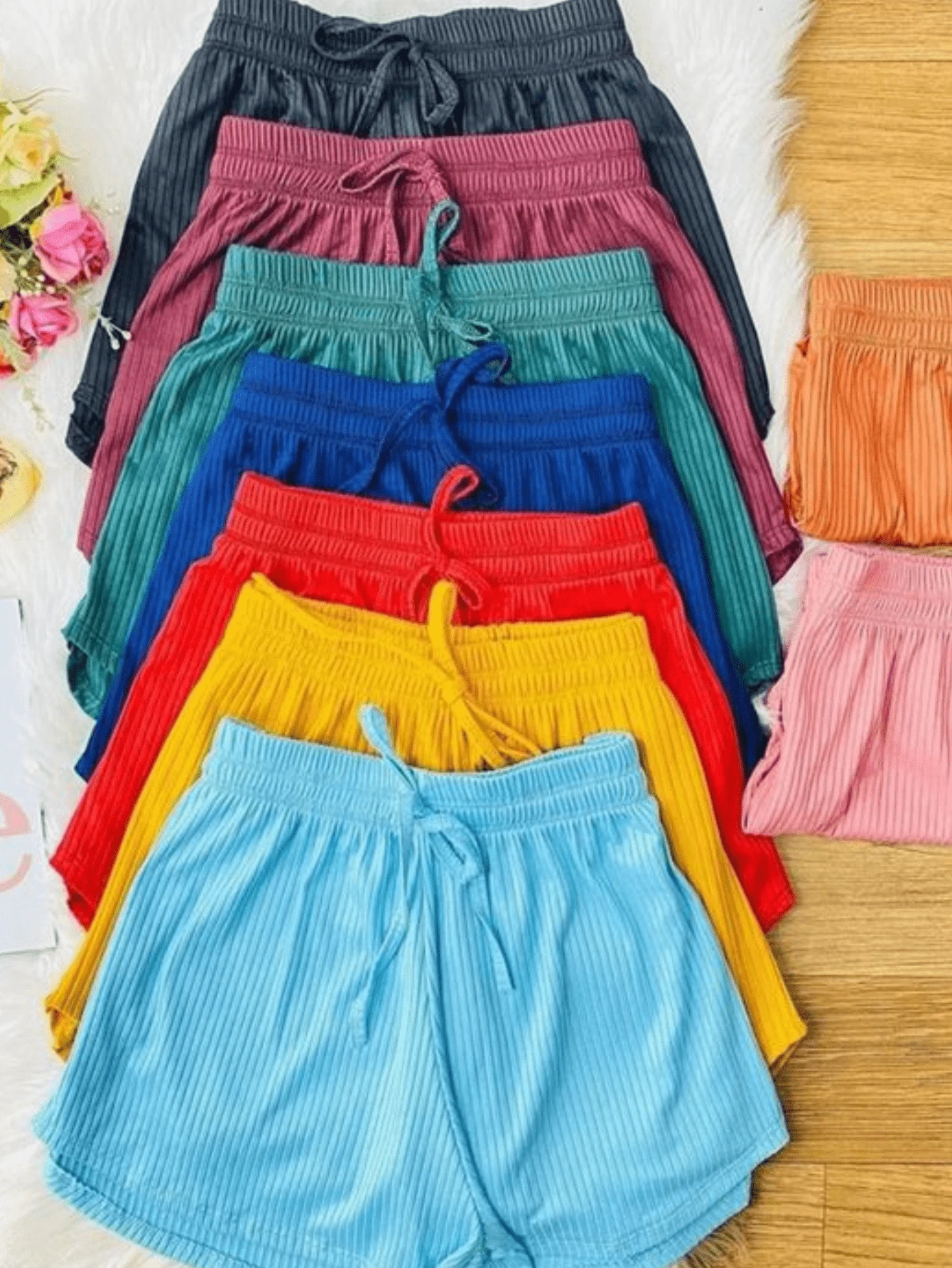 Kit With 4 Women's Shorts Ribbed Knit Short High Waist Shorts With Elastic For Gym Beach Spring Summer Fitness Fashion M G And GG - 藍/紅/綠/黑 - 查看 1