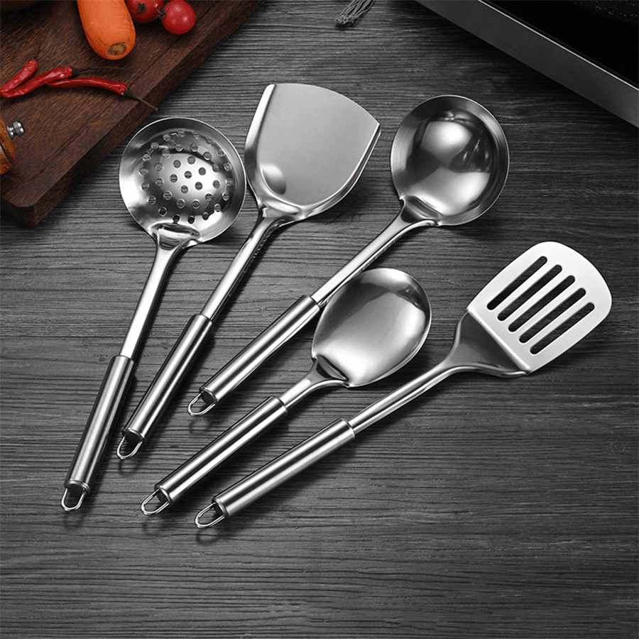 1pc-5pcs Stainless Steel Cooking Utensils Set, Kitchen Frying Spatula, Strainer Ladle, Hotpot Soup Spoon For Hotel & Restaurant