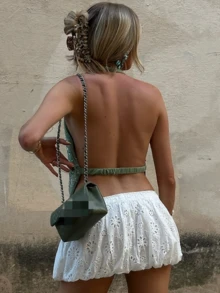 Sequin Halter Top For Women Sexy Sleeveless Deep V Neck Backless Glitter Tank Top Night Out Party Rave Outfits - Green - View 2