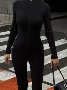 Bộ jumpsuit dài tay cổ cao ôm sát, màu trơn tối giản VIVINA dành cho nữ, trang phục thường ngày đa năng cho những buổi đi chơi cuối tuần, màu đen thanh lịch mùa hè và mùa xuân. - màu đen - Xem 4