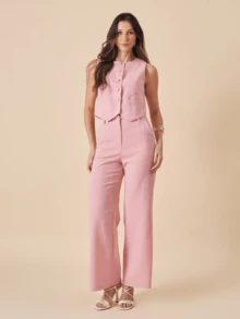 Linen Set With High Collar Vest And Pants With Lined Button Details - Rusty Rose - View 1