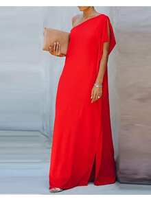 Red One Shoulder Dress - Red - View 1