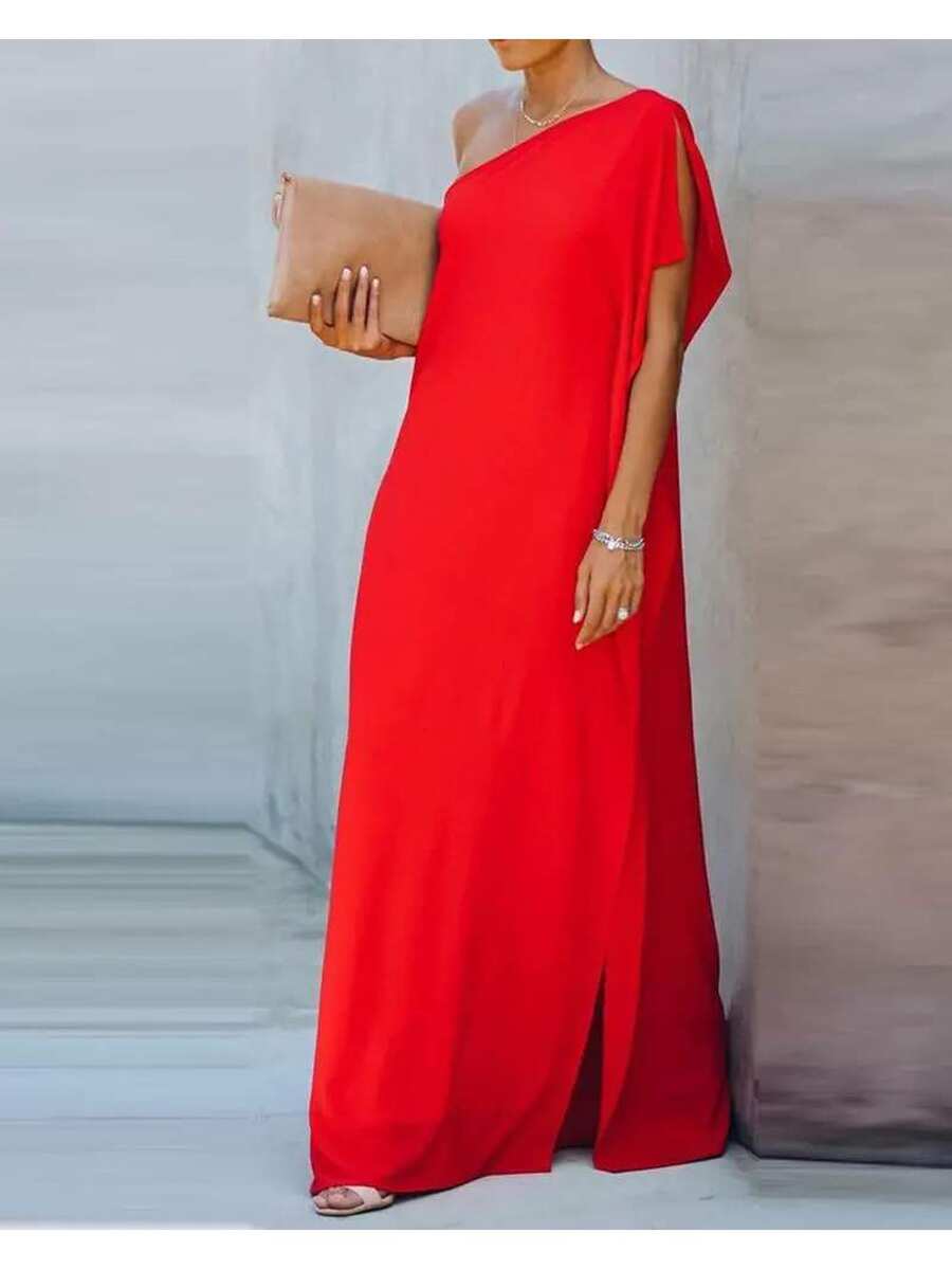 Red One Shoulder Dress - Red - View 1