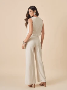 Linen Set With High Collar Vest And Pants With Lined Button Details - 米色 - 查看 4