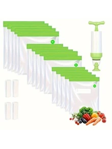 20 个/套可重复使用的真空食品储存袋，包括 1 个用于密封的真空泵、密封夹、厚真空保鲜袋、包装袋、真空泵密封袋、家用食品袋压缩袋、包装熟食袋。非常适合保存水果和熟食，这些袋子是整理厨房和在冰箱中储存食物的完美选择。 - 彩色 - 查看 10