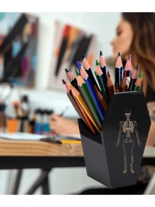 哥特式棺材笔筒 - 万圣节桌面收纳盒，用于存放钢笔、铅笔和化妆刷，办公室怪异骷髅装饰，巫术美学和黑暗学院风家居饰品，秋季装饰 - 彩色 - 查看 2