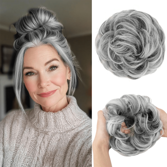 Postizo para moño despeinado grande, pieza de cabello sintético ondulado y rizado, coleta, extensiones de cabello para hacer rodete grueso, accesorio para el cabello de mujer, color gris multicolor