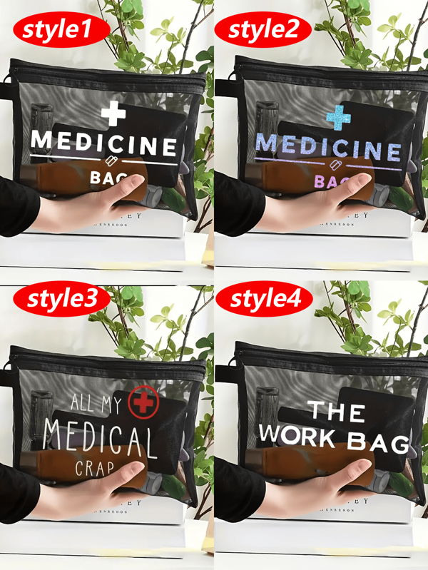 Sac en maille pour médicaments "ALL MY MEDICAL CRAP" - Sac de maquillage en nylon noir avec lettrage blanc, organisateur de maquillage et de soins de la peau. Sac de rangement portable pour le voyage et la salle de bain pour les huiles pour les lèvres, les bijoux et les produits médicaux essentiels. Un indispensable pour la rentrée scolaire.
