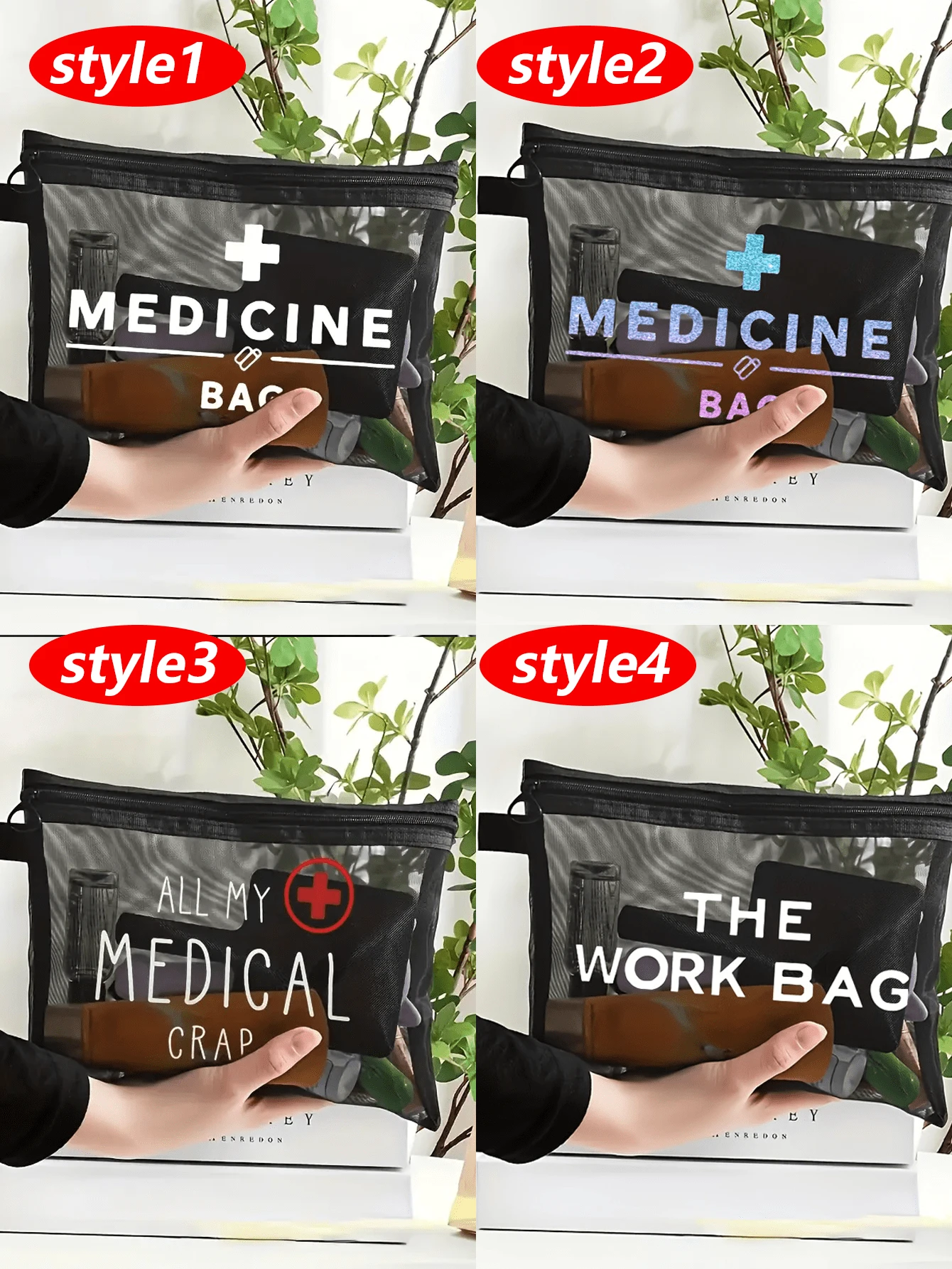 Sac en maille pour médicaments "ALL MY MEDICAL CRAP" - Sac de maquillage en nylon noir avec lettrage blanc, organisateur de maquillage et de soins de la peau. Sac de rangement portable pour le voyage et la salle de bain pour les huiles pour les lèvres, les bijoux et les produits médicaux essentiels. Un indispensable pour la rentrée scolaire.