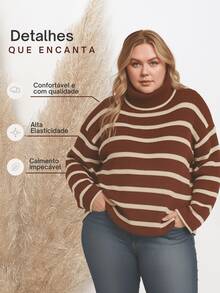 Marrie Tricot Striped Turtleneck Knit Blouse Cold Winter Elegant - 陶/米色 - 查看 2