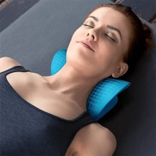 One Piece Neck And Shoulder Relaxer, Cervical Traction Device, Cervical Traction Pillow For Muscle Relaxation, Medium Hardness, Non-Woven Material, EVA Foam With Bamboo Fiber Cover (Blue)