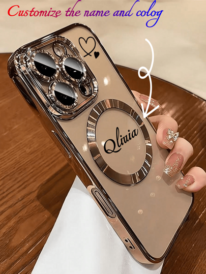 1pc Customized Name & Letter, Transparent Electroplated Magnetic Charging TPU Phone Case Compatible With 15ProMax/16promax/16pro/14promax/14pro/13promax/16 16e/ 14 Pro Max, 17promax,17pro,17,17air, Supports Wireless Charging, Colorful, Fashionable, Kawaii Customized, Personalized, Unique, Ideal Gift, Suitable For Him, Ideal Gift, Suitable For Boyfriend, Girlfriend,Season Picks